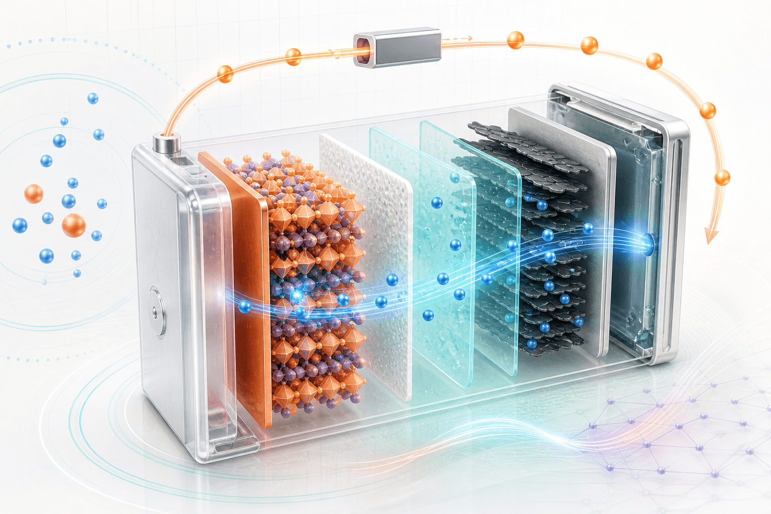 Color cutaway illustration of a sodium-ion battery cell and ion transport