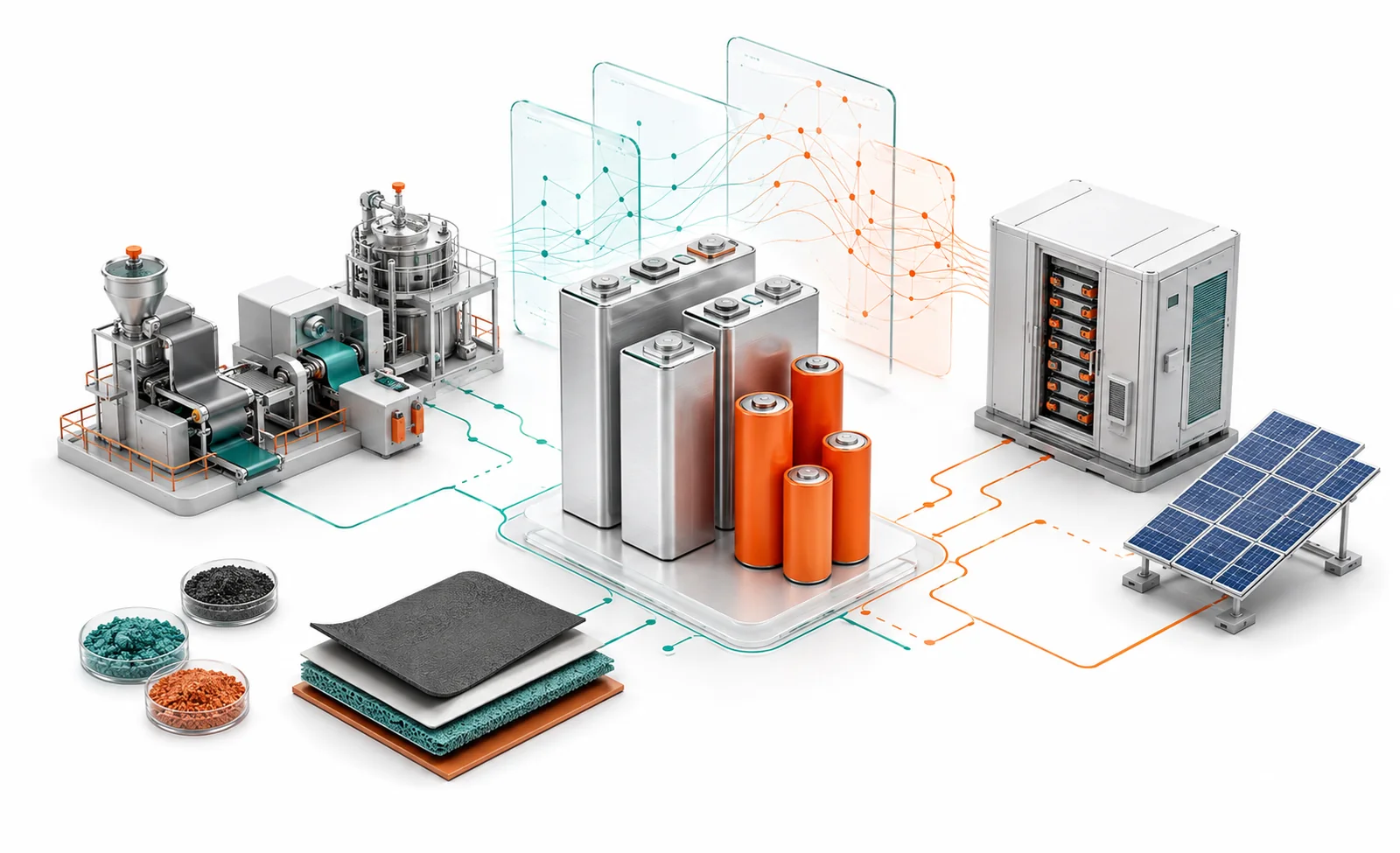 Concept illustration connecting sodium-ion materials, manufacturing, cells, AI data and energy storage